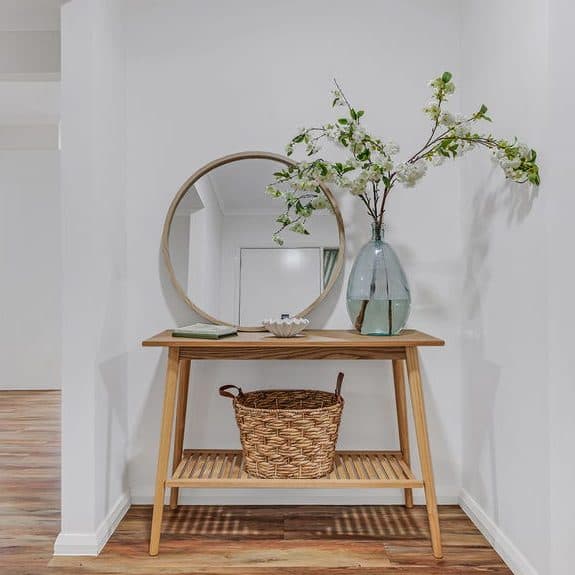 Styled entry console with a round mirror, ceramic vase and woven basket, in an Echuca home prepared for sale